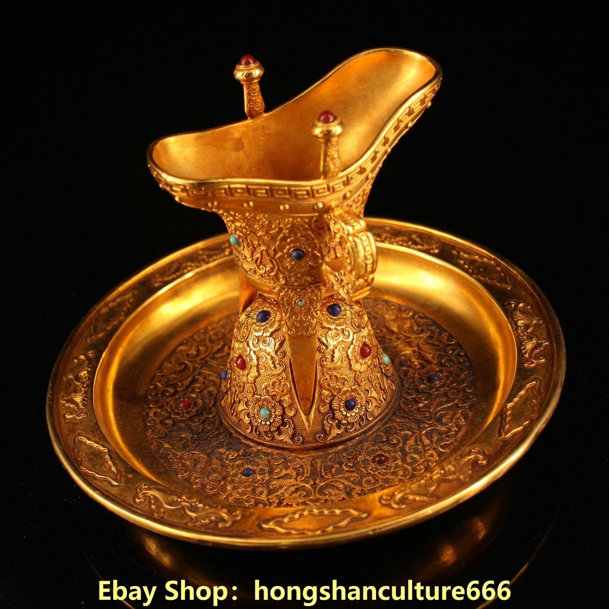 Qing dynasty Bronze 24k gold Gilt inlay gem goblet wineglass cup