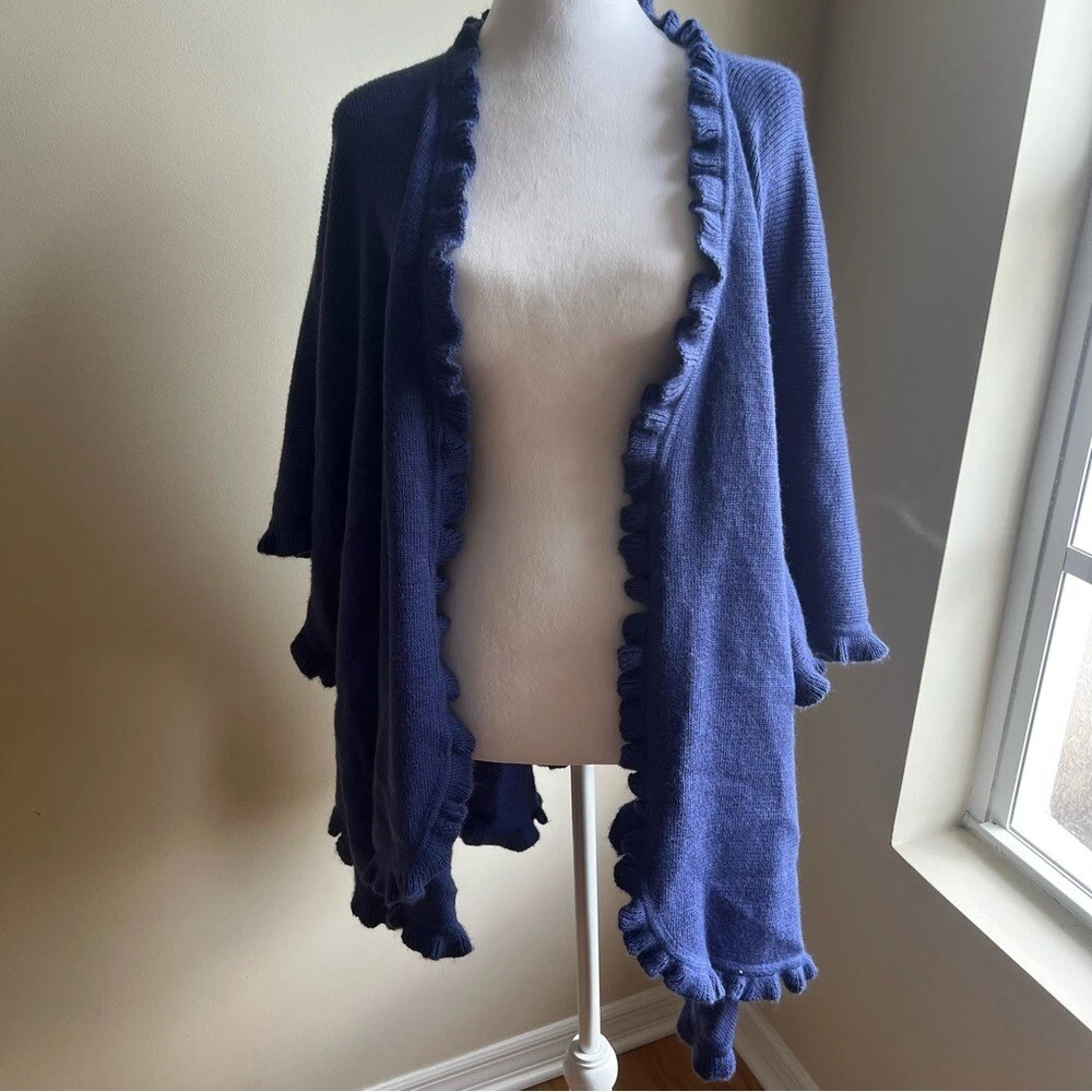 Lombaggi Knitwear Blue Ruffle Hem Shawl Cover Up Angora OS Wrap Poncho Wedding