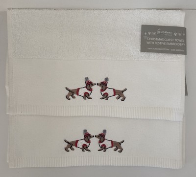 2 Gästetücher 100% Baumwolle weiß mit besticktem Weihnachtsdackel 30cm x 50cm