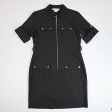 Michael Kors Womens Roll Tab Sleeve Black Collared Dress Size P/M Petite Medium