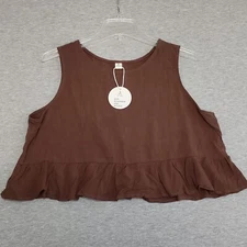 Anrabess Top Women's XXL Linen Rayon Brown Sleeveless Crop Top Ruffle NEW