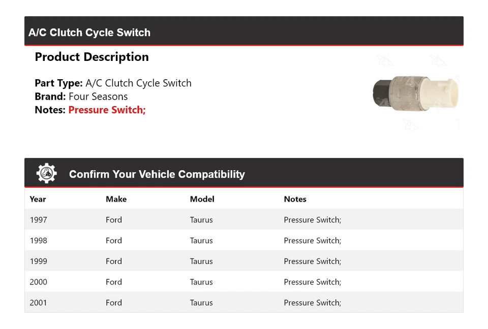 Interruptor de ciclo de embrague aire acondicionado Ford Taurus 1997-2001 4 estaciones 1998 1999 2000 Foto 2 de 4