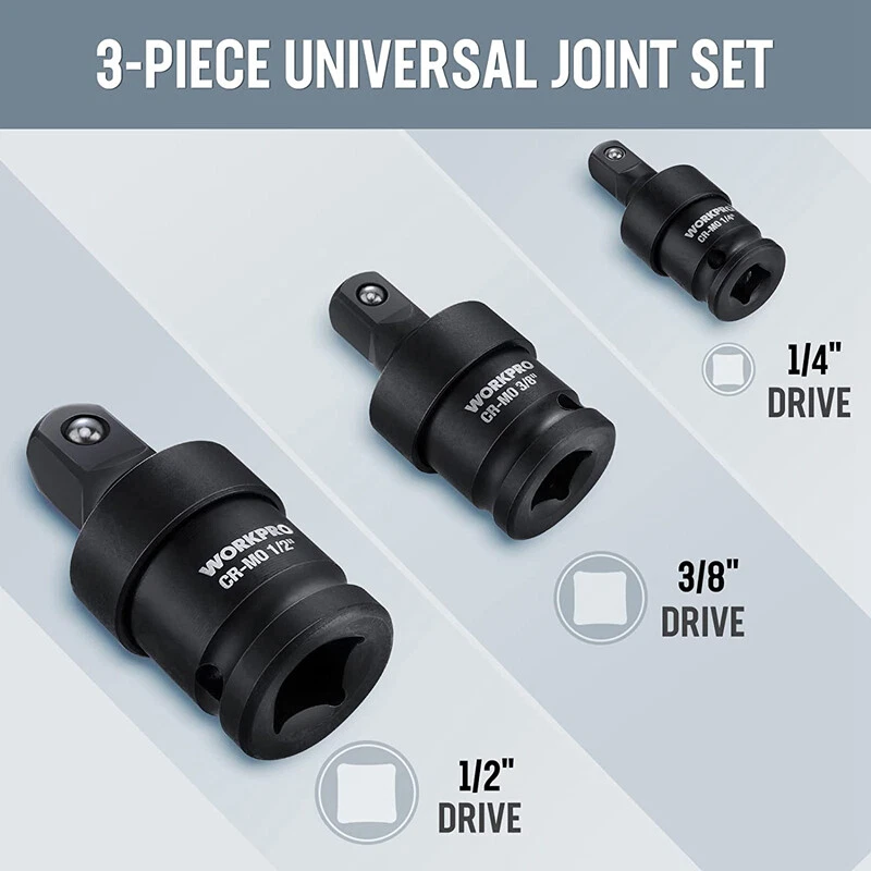 WORKPRO 3PCS Impact Universal Joint 1/2" 3/8" 1/4" Sets Dr Swivel Socket Adapter - Image 2 of 4