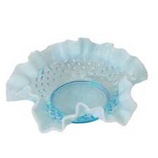 Fenton Blue Opalescent Hobnail Glass Ruffled Edge Vintage 6" Candy Bon Bon Dish