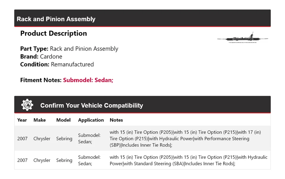 Para 2007 Chrysler Sebring Sedan rack e pinhão conjunto Cardone - Imagem 2 de 4