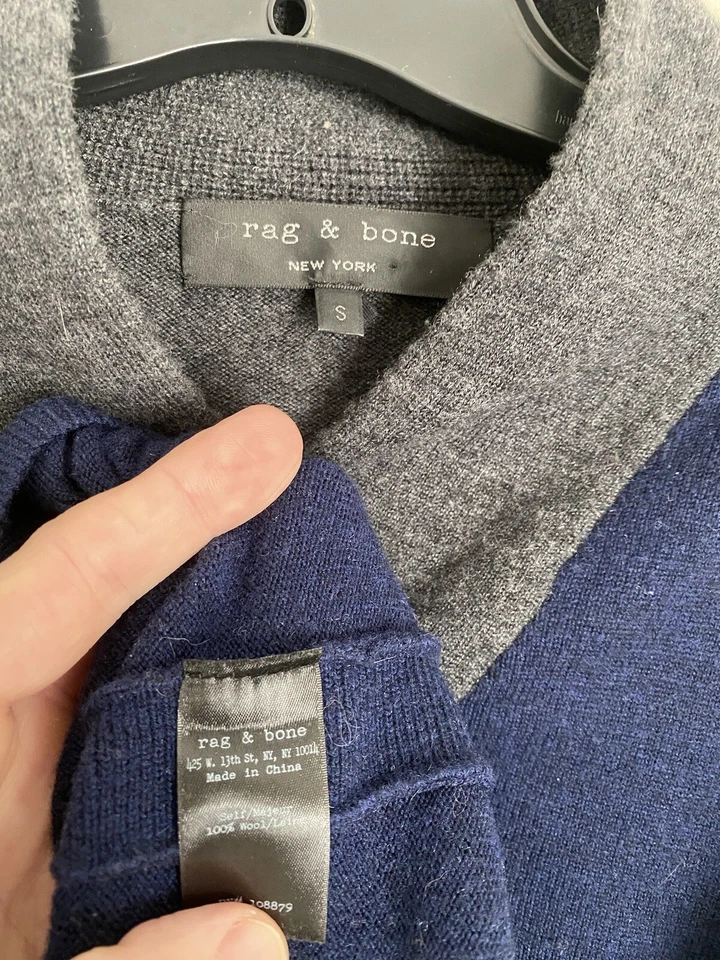 Rag & Bone Blue Gray Pure Wool Shawl Neck Men's Sweater Small - Image 2 of 3