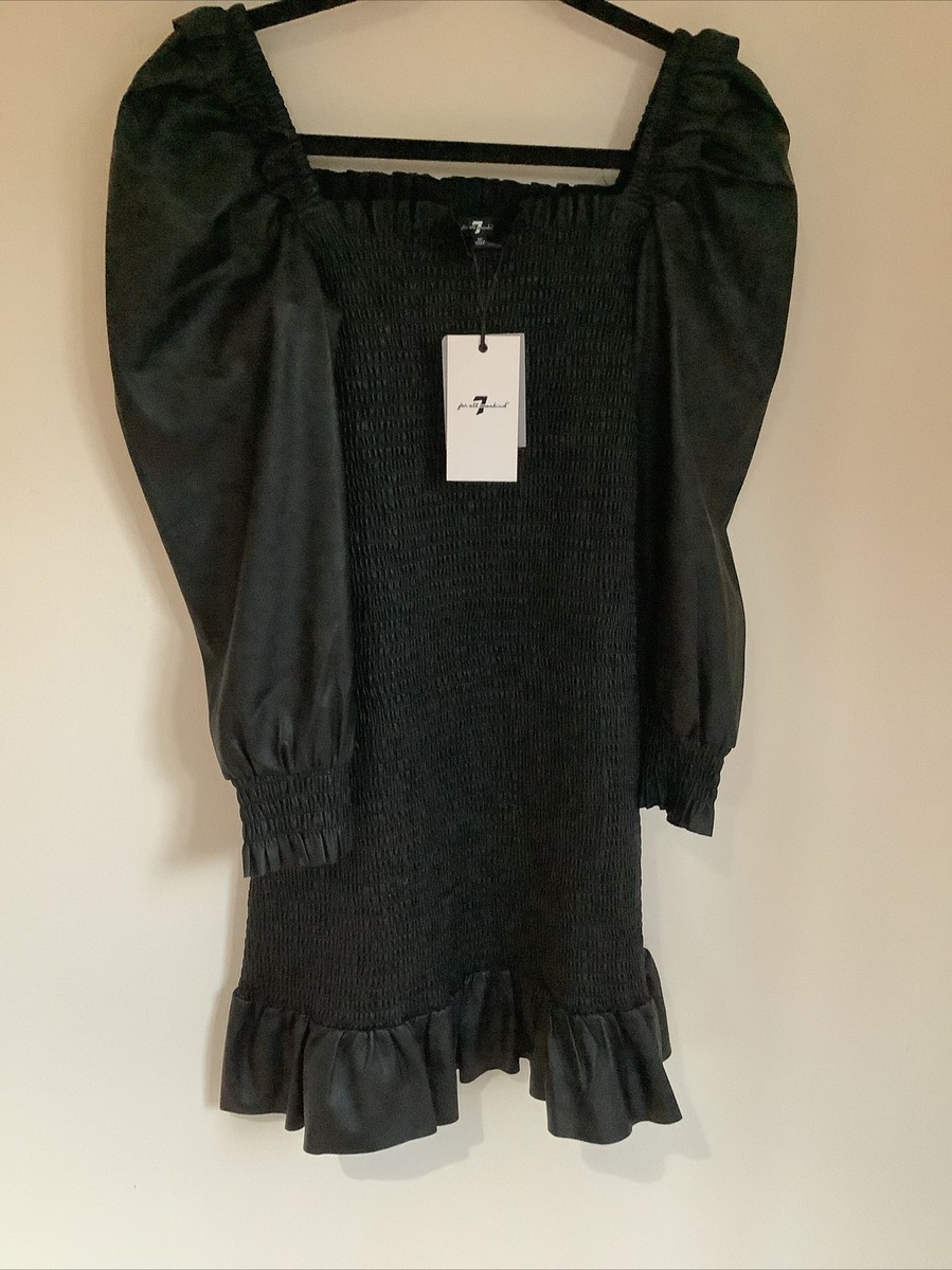 seven for all mankind S Black Smocked Faux Leather Moto Dress New | eBay