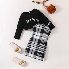 2pcs Plaid Pattern Sundress Crop Sweatshirt Set Kids Clothes For Spring Autumn