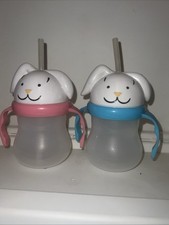 2 Easter Toddler Sippy Straw Cup Water Bottle Pink  Blue With Handles BPA FREE