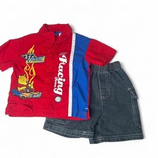 Vintage Disney Winnie the Pooh Racing red button up shirt denim shorts set 2T