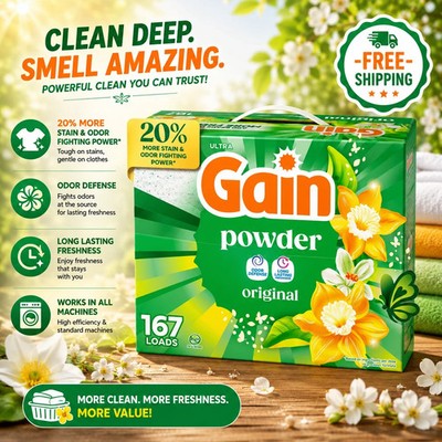 Gain Powder Laundry Detergent, Original Scent, 154 oz, 167 Loads- Free Shipping