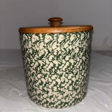Roseville Henn GREEN Spongeware With Wooden Lid Large Crock 7" diam 7" tall