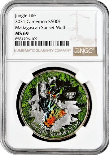 Cameroon 500 francs 2021, NGC MS69, "Jungle Life - Madagascan sunset moth"TopPop
