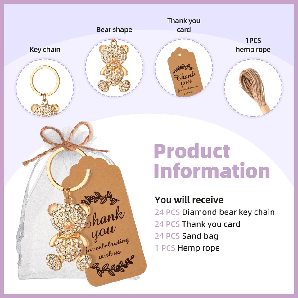 Llavero de oso pequeño de diamantes de 24 piezas, con bolsas de organza blancas etiquetas de agradecimiento y... Foto 3 de 4