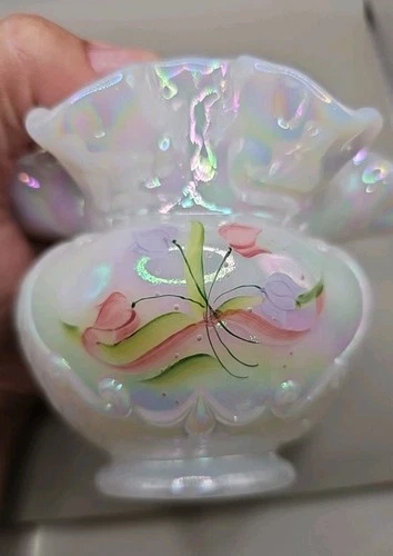 Vintage Fenton Iridescent White HAND PAINTED FLOWERS Vase/bowl. SIGNED!!  Tulips