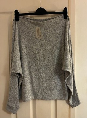Neu mit Etikett River Island Damenpullover grau Bardot eine Schulter Fledermaus, S, Passform 10-12