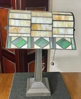 16” TALL VINTAGE TIFFANY STYLE BANKER'S LAMP - CREAM / GREEN STAINED GLASS