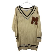 Fashion Nova Varsity Cable Knit Sweater Dress Cream Navy Blue Letter M Medium