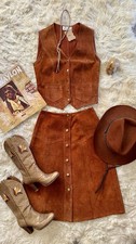 Vintage 1970s Hide-Away Suede Skirt Set, 9/10 small , Leather, Cognac Brown