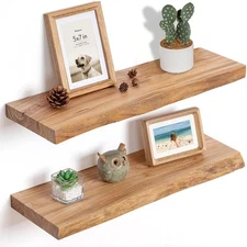 Floating Shelves for Wall, 24"x9.3" Rustic Solid Live-Edge Elm Wood Wall Shel...