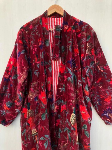OFMD Luxus Samt Jacke Mantel Kimono Rot Farbe Vogel Print Kimono Longjacke - Bild 3 von 10