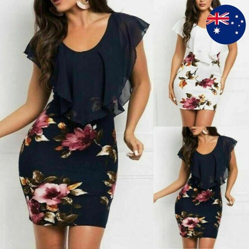 Womens Summer Floral Bodycon Dress Ladies Evening Party Mini Dress Plus Size AU - Picture 12 of 20