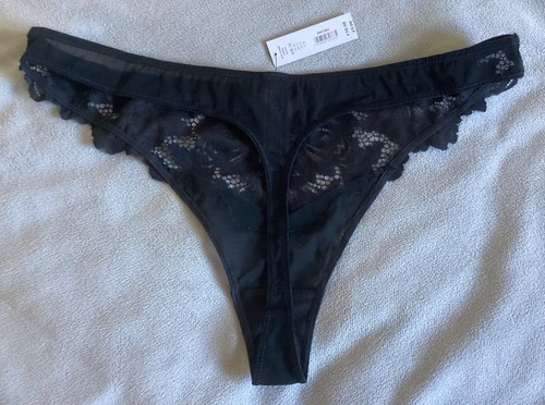 ANN SUMMERS Black Floral Lace & Mesh Thong Size 12 -Gold Studs & Buckle Top BNWT - Picture 4 of 8