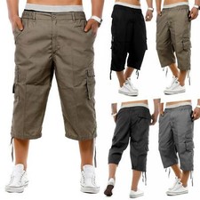 Mens 3/4 Shorts Elasticated Waist Long Length Cargo Combat Three Quarter Pants