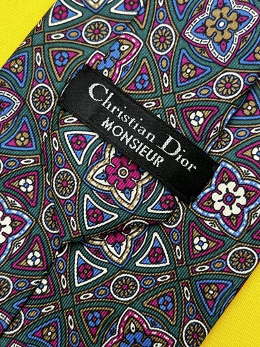 Authentic CHRISTIAN DIOR Plaids Flowers Design On Gray 100% Silk Necktie Tie - Picture 2 of 11