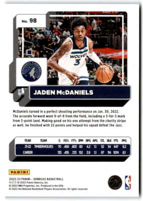 2022-23 Donruss Holo Laser #98 JADEN MCDANIELS /149 Minnesota