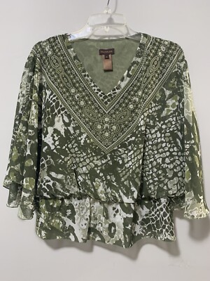 Multiples Brand Women Small Green White Hippie Boho Soft Tunic Flare Sleeve Top