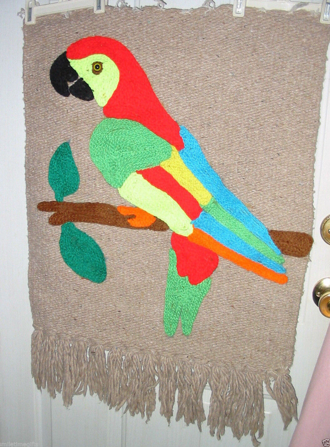 Large Colorful Bird Parrot Mexican Style Yarn Art Wall Hanging Mat 22 x 26 Decor