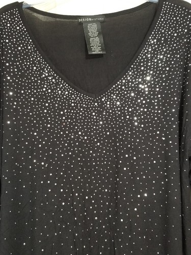Design History Women Plus XXL Black Lightwt Sparkle V Neck Studded Tunic 3/4 Slv - Picture 3 of 8