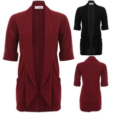 Ladies 3/4 Turn Up Sleeve Textured Open Front Collared Waterfall Blazer Jacket