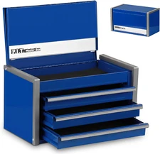 P.I.T. Mini Blue Tool Box, Portable 3 Drawer Steel Tool Box with Magnetic Tab Lo