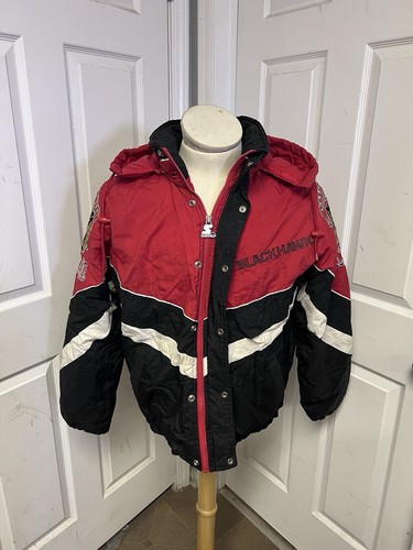 Vintage Starter Chicago Blackhawks Puffer Jacket grande rosso nero hockey con cappuccio - Foto 2 di 21