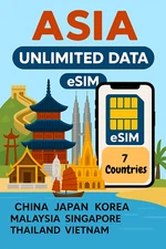 Best Asia 7 Countries Unlimited Data esim Data Travel esim High-Speed, 3-15 Days