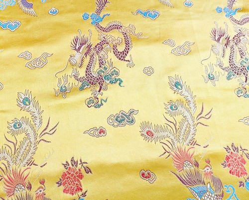 Chinese Brocade Fabric - Dragon Ochre Gold Satin Jacquard Craft Fabric Material - Picture 4 of 6