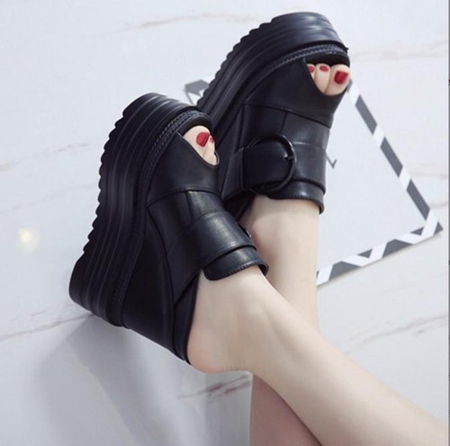 Damen-Sandalen Peeptoe Schnalle Hausschuhe Keilabsatz versteckte hohe Absätze Plateauschuhe - Bild 6 von 11