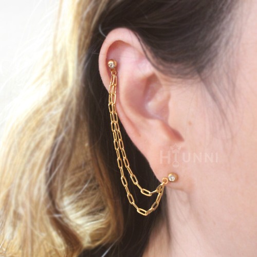 20g, 16g Rectangle helix double chain cartilage ear studs, Long chain earrings - Picture 4 of 7