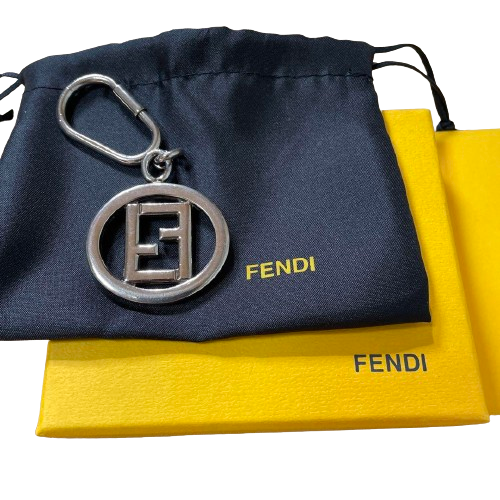 FENDI Keychain Key Holder Bag Charm FF Logo Motif Silver Metal