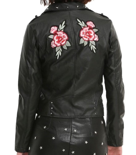 CHAQUETA CON CREMALLERA DE MOTOCICLETA GÓTICA DE CUERO FALSO TACHONADO ROSA BORDADA XL NUEVA CON ETIQUETAS - Imagen 3 de 3