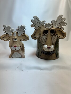 Reindeer Christmas Napkin Holder & Container 70's SIGNED Vntg Hindt Clay Pottery