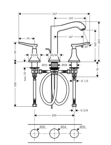 Hansgrohe Axor Metropol Classic 3-Loch Waschtisch Armatur in Chrom - Bild 3 von 5