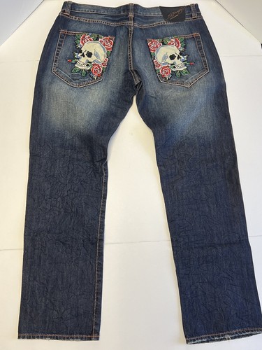 Authentic Ed Hardy Christian Audigier Skulls Dark Wash Denim Mens Jeans 38x34* - Imagen 8 de 9