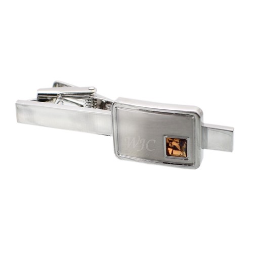 Engraved with Initials Brushed Rhodium Plated Crystal Birthstone Tie Clip - Picture 4 of 24