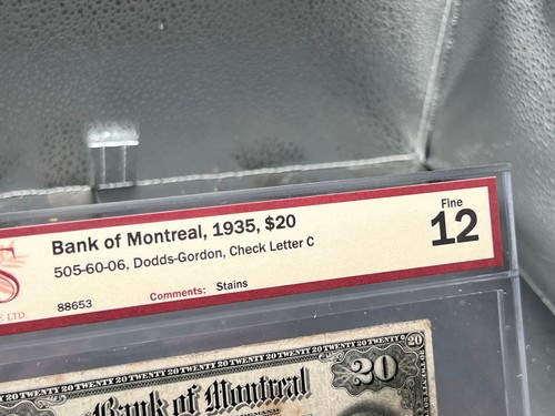 1935 Bank of Montreal $20 Bank Note Graded BCS F-12 SN 88653 - Picture 3 of 5
