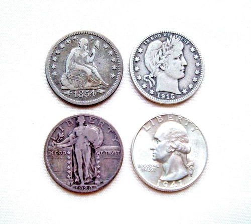 LOT OF 4 DIFFERENT TYPES OF U.S. SILVER QUARTERS ~ SEATED LIBERTY, BARBER, ETC.