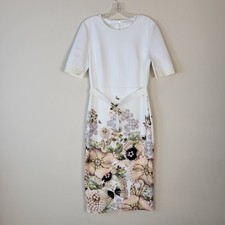 Ted Baker London Womens Size 4  Floral Belted Sheath Dress Ivory Midi