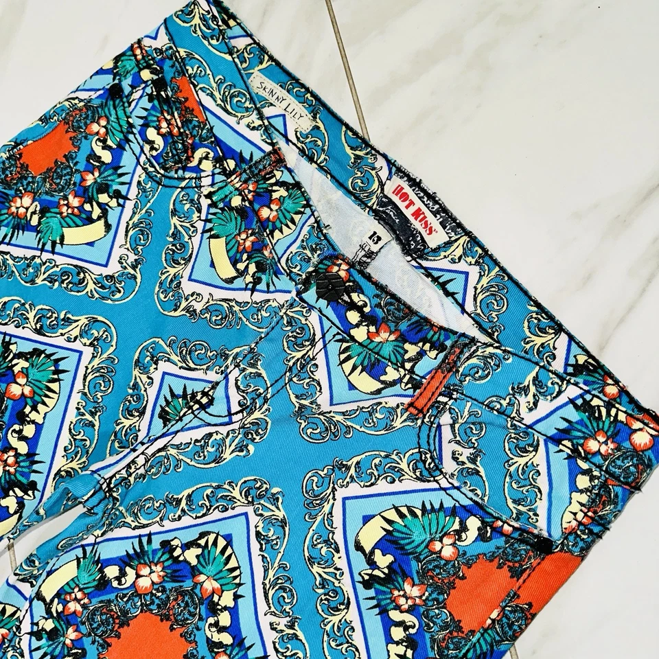 Hot Kiss Skinny Lily Jeans 13 Baroque Scarf Floral Print Cropped Stretch Y2K - Image 4 of 4